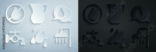 Set Water drop, tap, Shower, Jug glass with water and forbidden icon. Vector