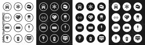 Set USA Independence day, Golden gate bridge, Medal with star, Barbecue grill, Hexagram sheriff, Indian feather and Carnival garland flags icon. Vector