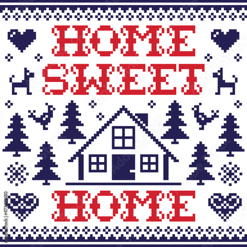 Home sweet home vector cross-stitch winter or Christmas seamless pattern - Scandinavian design with home, trees, birds and dogs 