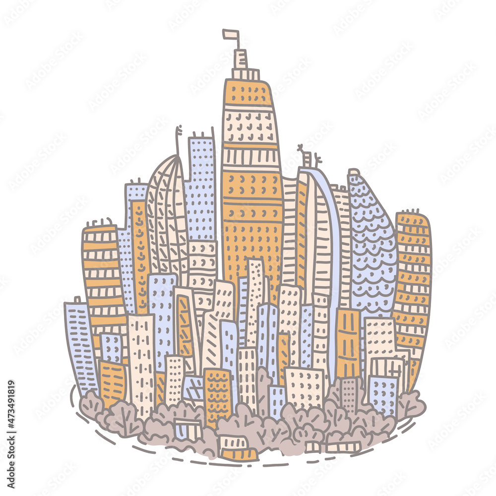 Isolated big city metropolis with modern buildings and skyscrapers in a doodle style. vector illustration isolated on white background