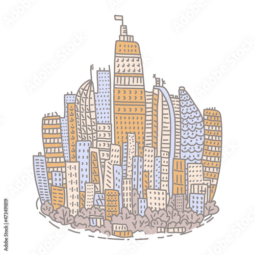 Isolated big city metropolis with modern buildings and skyscrapers in a doodle style. vector illustration isolated on white background