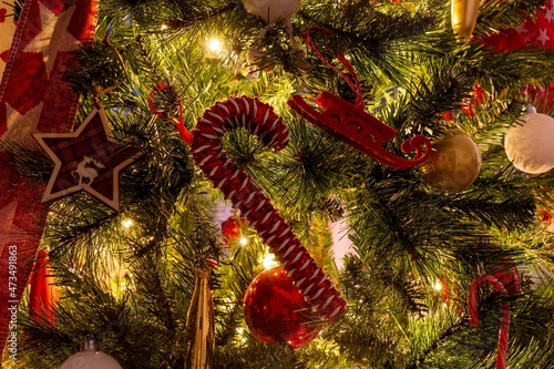 colorful decorations on a Christmas tree