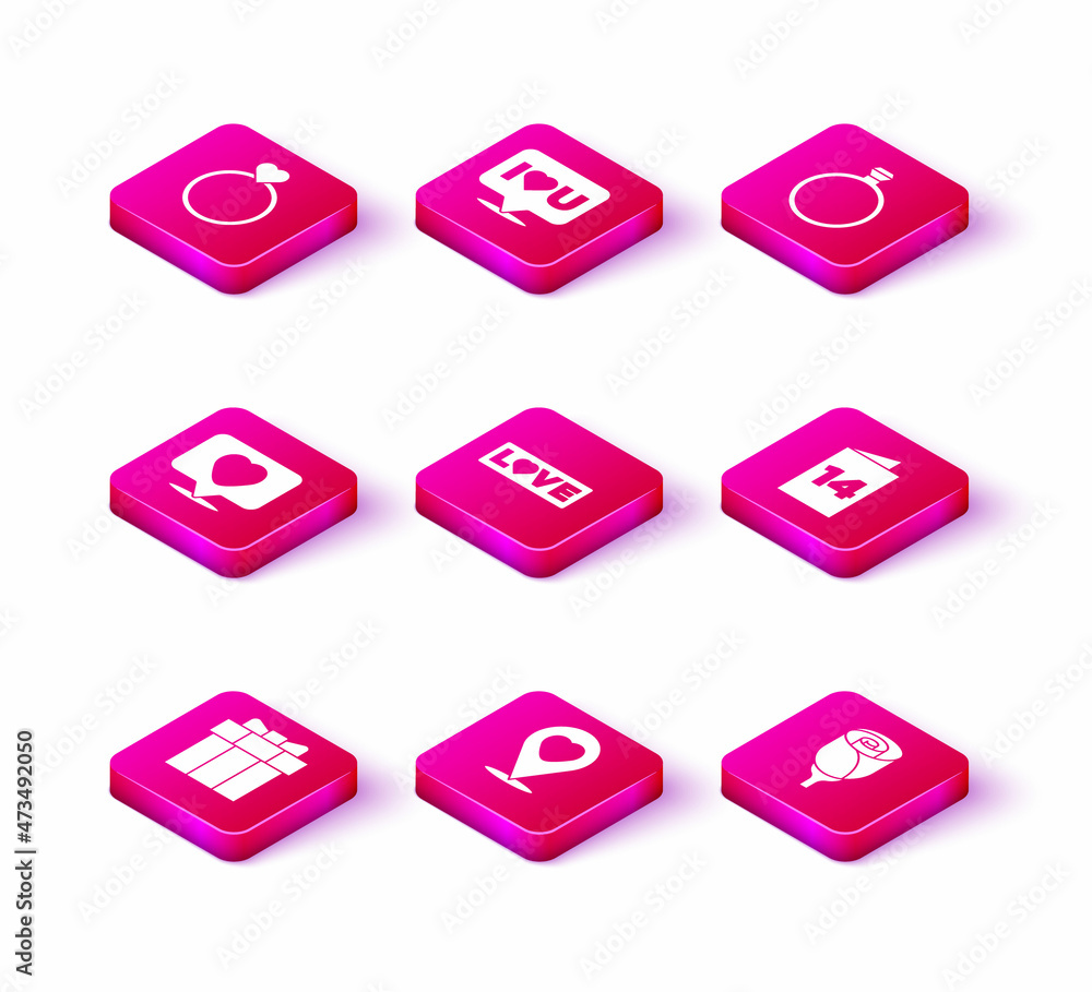 Set Gift box, Location with heart, Like and, Love text, Flower rose, Greeting card, Diamond engagement ring and Speech bubble I love you icon. Vector Set Gift box, Location with heart, Like and, Love text, Flower rose, Greeting card, Diamond engagement ring and Speech bubble I love you icon. Vector