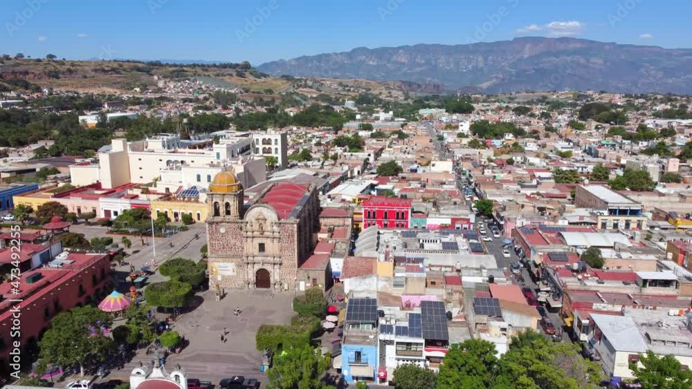 Santiago de Tequila: Aerial view of city in Mexico and birthplace of famous alcoholic drink with same name, catholic church Parroquia Santiago Apostol - landscape panorama of North America from above Santiago de Tequila: Aerial view of city in Mexico and birthplace of famous alcoholic drink with same name, catholic church Parroquia Santiago Apostol - landscape panorama of North America from above
