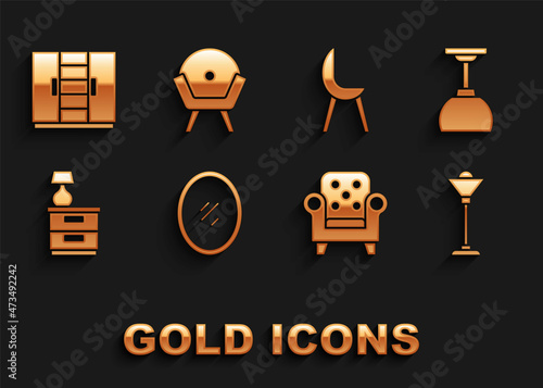 Set Mirror, Lamp hanging, Floor lamp, Armchair, Furniture nightstand with, Wardrobe and icon. Vector