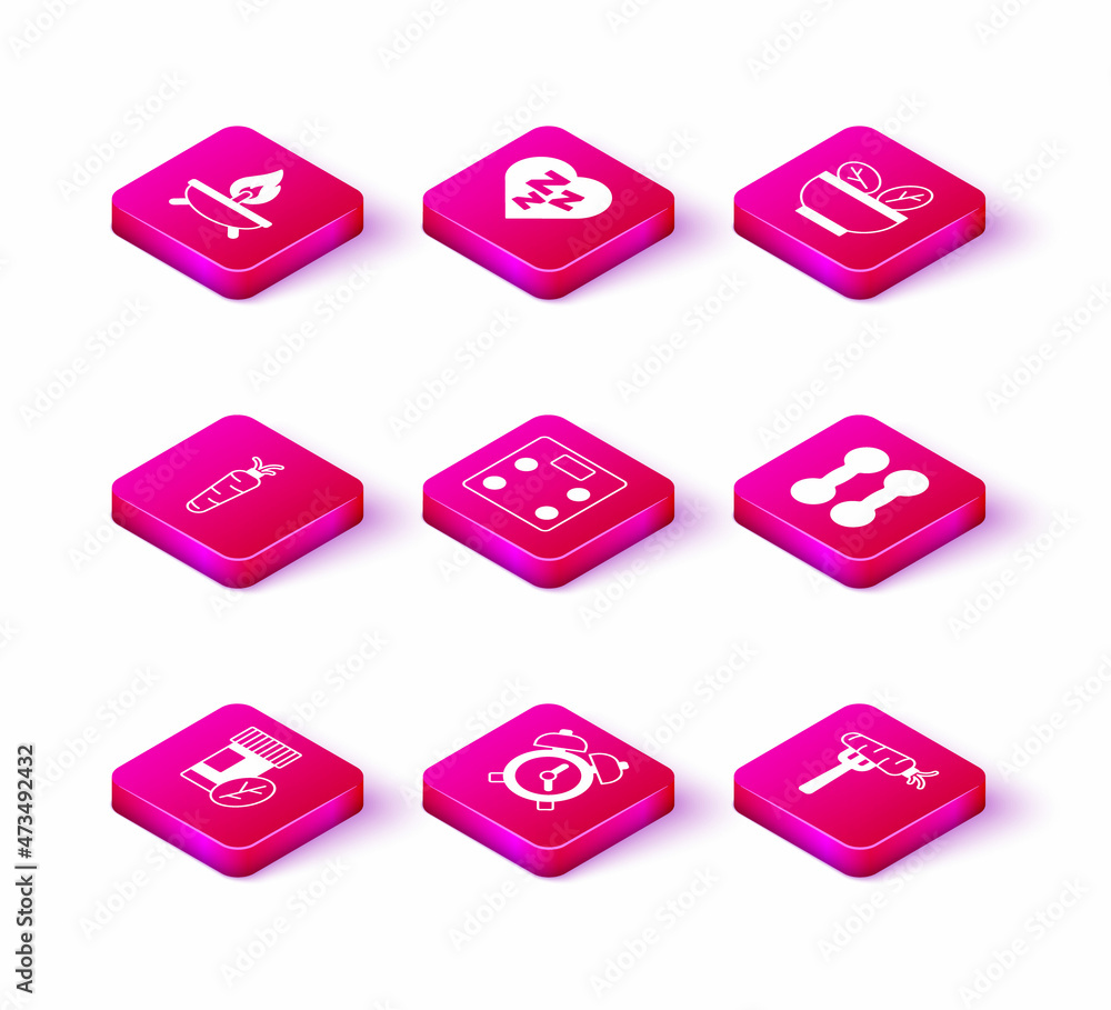 Set Vitamin pill, Alarm clock, Carrot, Bathroom scales, on fork, Dumbbell, Salad bowl and Sleepy icon. Vector Set Vitamin pill, Alarm clock, Carrot, Bathroom scales, on fork, Dumbbell, Salad bowl and Sleepy icon. Vector