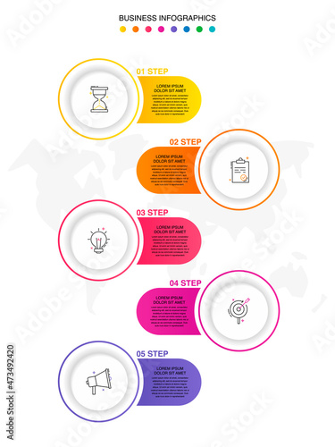 Business vector infographics with five circles and labels. Timeline visualization with 5 steps for diagram, flowchart, banner, presentations, web, content, levels, chart, graphic