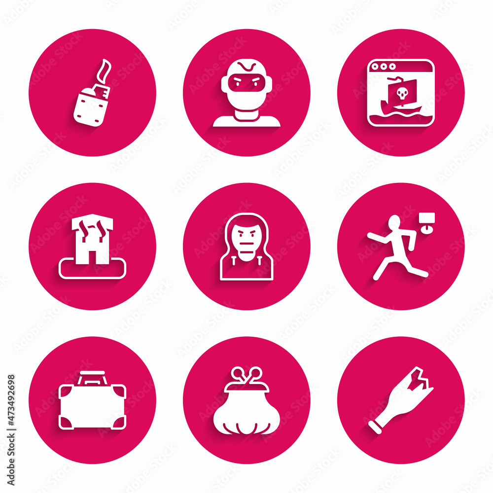Set Thief mask, Wallet, Broken bottle weapon, Murder, Briefcase and money, Arson home, Internet piracy and Lighter icon. Vector Set Thief mask, Wallet, Broken bottle weapon, Murder, Briefcase and money, Arson home, Internet piracy and Lighter icon. Vector