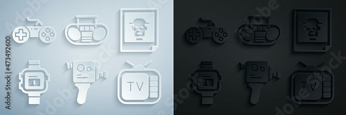 Set Retro cinema camera, Photo, Wrist watch, tv, Home stereo with two speakers and Gamepad icon. Vector