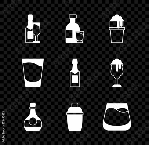 Set Champagne bottle and glass, Bottle of vodka with, Glass beer, cognac or brandy, Cocktail shaker, whiskey, Shot and icon. Vector