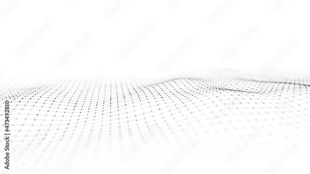 Abstract white wave with moving dots and lines. Flow of particles. Cyber technology illustration. 3d rendering - obrazy, fototapety, plakaty 