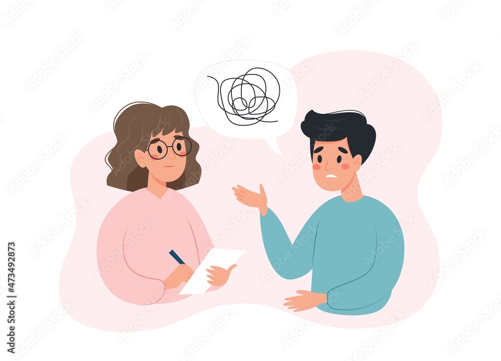 Mental health concept - man talking to psychologist about his problems. Vector illustration in flat style Mental health concept - man talking to psychologist about his problems. Vector illustration in flat style