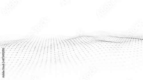 Abstract white wave with moving dots and lines. Flow of particles. Cyber technology illustration. 3d rendering