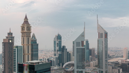 Photography Skyscrapers on Sheikh Zayed Road and DIFC day to night timelapse in Dubai, UAE