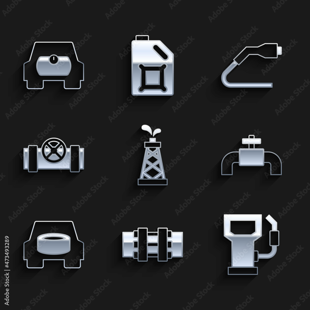 Set Oil rig, Metallic pipes and valve, Petrol or gas station, Spare wheel in the car, Electrical cable plug charging and Gas tank for vehicle icon. Vector Set Oil rig, Metallic pipes and valve, Petrol or gas station, Spare wheel in the car, Electrical cable plug charging and Gas tank for vehicle icon. Vector
