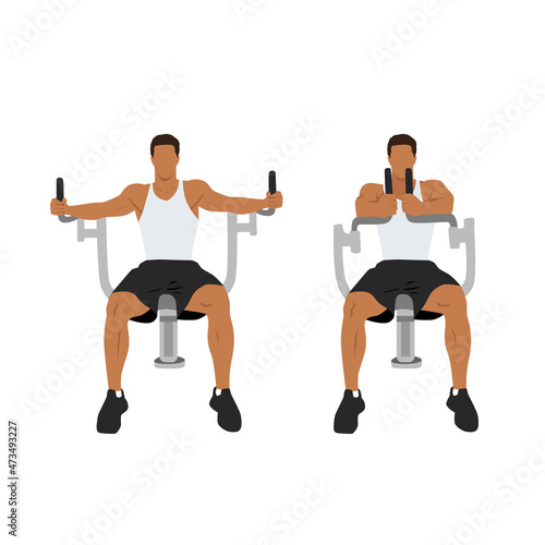 Man butterflies,pec deck,seated machine flyes flat vector illustration isolated on different layers. Chest day exercise