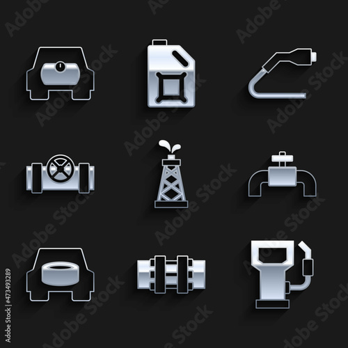 Set Oil rig, Metallic pipes and valve, Petrol or gas station, Spare wheel in the car, Electrical cable plug charging and Gas tank for vehicle icon. Vector
