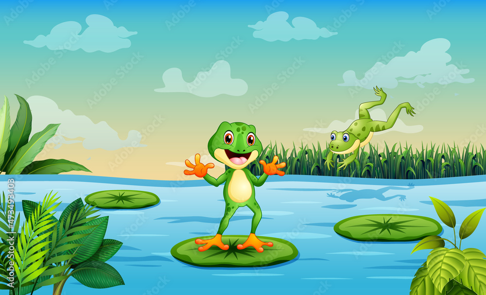 Fototapeta premium Illustration of a playful frogs at the pond