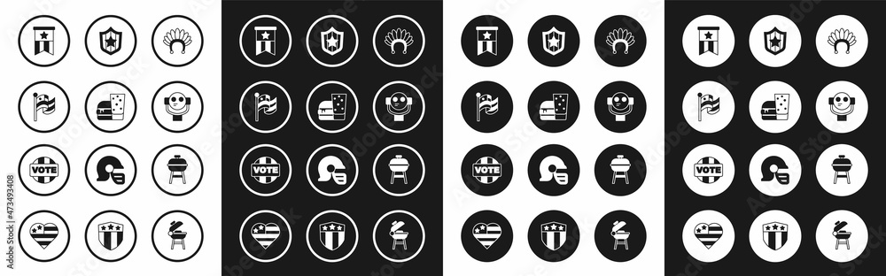 Set Indian headdress with feathers, Burger, American flag, Tourist binoculars, Shield stars, Barbecue grill and Vote icon. Vector
