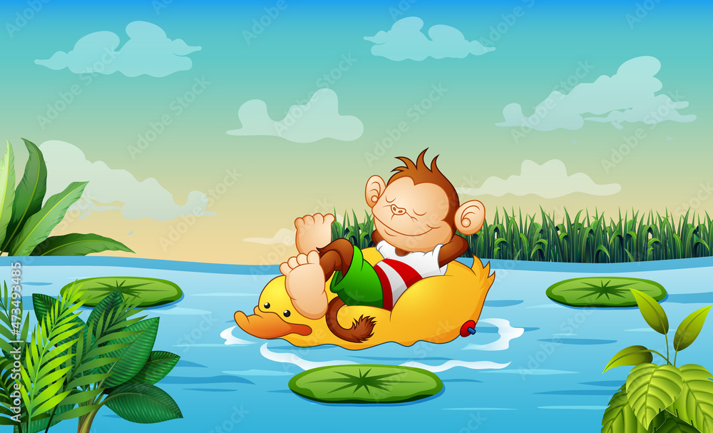 Cute a monkey relaxing on duck lifebuoy in the river illustration Cute a monkey relaxing on duck lifebuoy in the river illustration