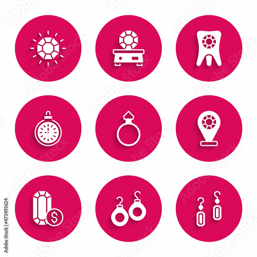 Set Diamond engagement ring, Earrings, Jewelry store, online shopping, Pocket watch, Tooth with diamond and icon. Vector