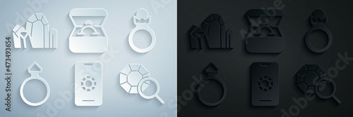 Set Jewelry online shopping, Diamond engagement ring, Gem stone, box and icon. Vector