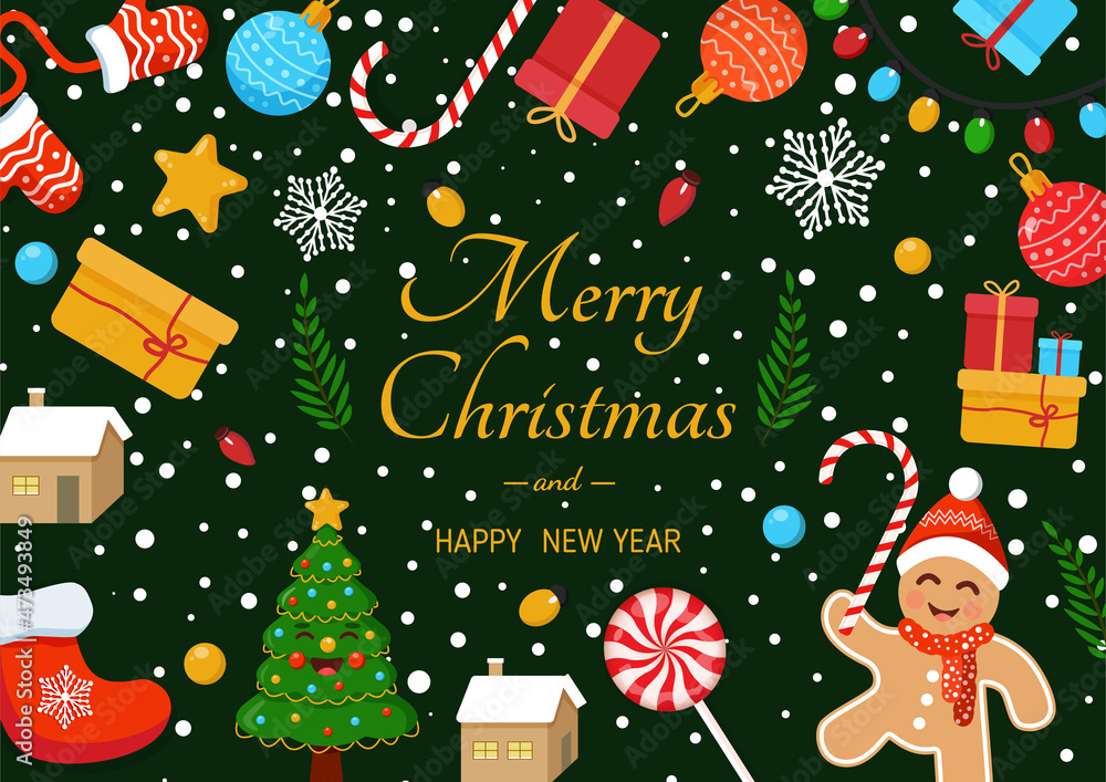 New Year card with fir tree, gingerbread man, sweets, gifts, garlands. Merry Christmas and Happy New year illustration. Winter holidays. New Year card with fir tree, gingerbread man, sweets, gifts, garlands. Merry Christmas and Happy New year illustration. Winter holidays.