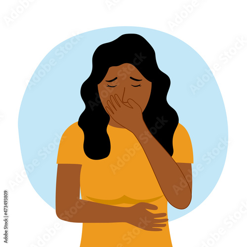 African woman suffering from vomit and closing mouth in flat design. Nausea vomiting symptom.