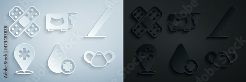 Set Donate drop blood, Surgery scalpel, Location hospital, Medical protective mask, Ultrasound and Crossed bandage plaster icon. Vector