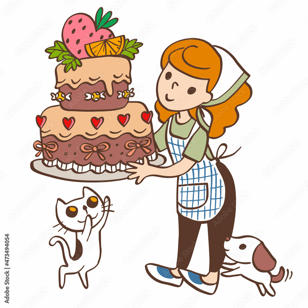 Girl standing holding cake vector graphic illustration Girl standing holding cake vector graphic illustration
