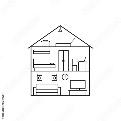 Line plan house inside, section interior, building home in cut. Living rooms and bedroom with furniture. Vector line illustration