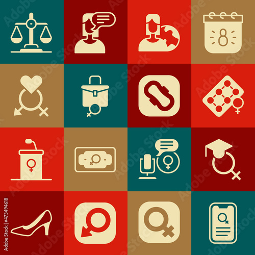 Set Dating app, Teacher, Packaging of birth control pills, Women from different countries, Work for female, Gender, equality and Sanitary napkin icon. Vector