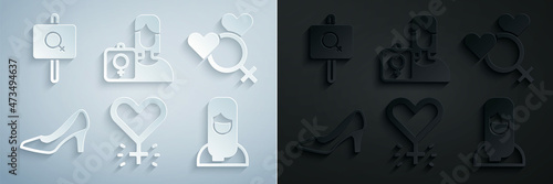 Set Feminism, Female gender, Woman shoe, Muslim woman hijab, Feminist activist and icon. Vector
