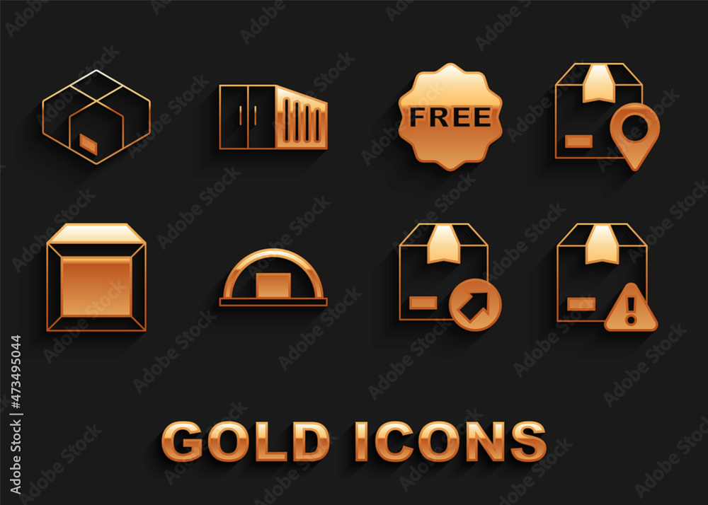 Set Warehouse, Location with cardboard box, Delivery security shield, Carton, rice tag Free, and Container icon. Vector Set Warehouse, Location with cardboard box, Delivery security shield, Carton, rice tag Free, and Container icon. Vector