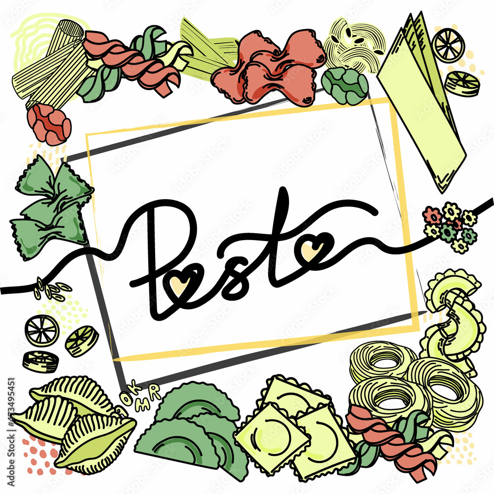 Vector illustration of lettering for pasta restaurant. Logo for tasty pasta cafe. Template of banner or poster for pasta cafe or restaurant. Handwritten calligraphy made by ink and brush. EPS 10