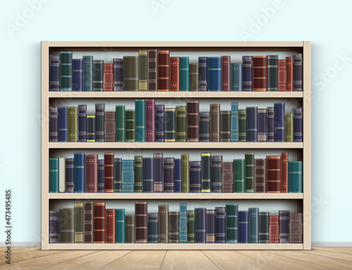 Vintage books on a wooden bookshelf indoors.