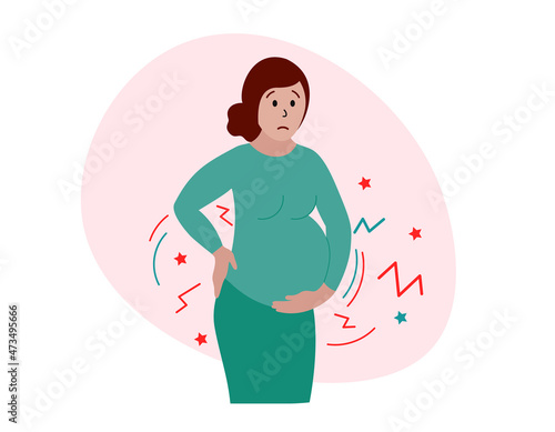 Labor contractions. Pregnant woman suffering from childbirth pains. Real or false contractions. Travail cramp. Vector illustration