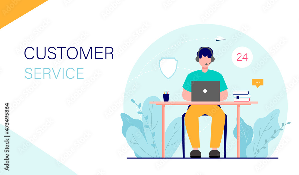 Landing page template. Online support, customer service, call center. Assistant sitting in front of laptop and answering customer questions vector illustration.