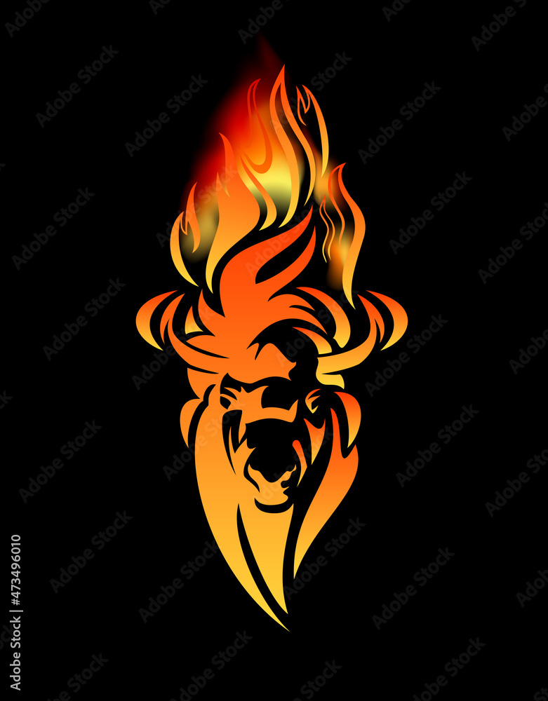 wild totem bison bull head and burning flames -  tribal style animal fiery vector design