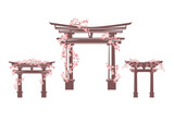 traditional japanese torii gate entrance to shinto shrine decorated with blooming cherry tree branches - spring season sakura hanami vector design set