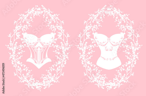 vintage style seductive elegant bra corset lingerie among sakura blossom branches - woman luxurious underwear monochrome vector design set