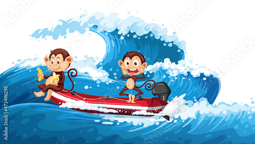 Two little monkeys on a boat with ocean wave © GraphicsRF