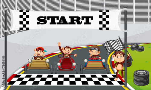 Race track scene with monkey racing drivers