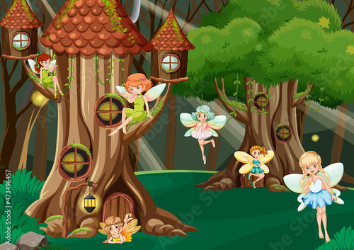 Fantasy forest with cute fairies