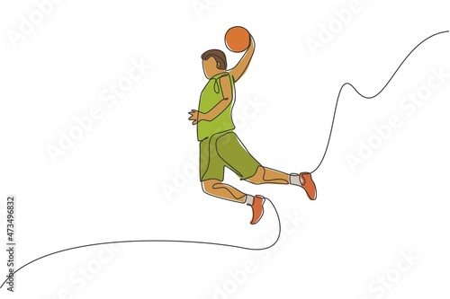 One single line drawing of young energetic basketball player slam dunk vector illustration. Sports competition concept. Modern continuous line draw design for basketball tournament poster and banner