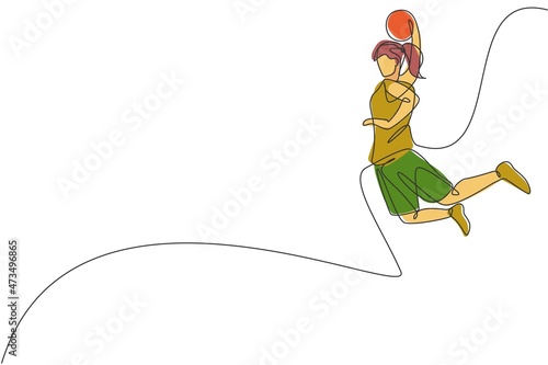 One single line drawing young energetic basketball female player slam dunk vector graphic illustration. Sports competition concept. Modern continuous line draw design for basketball tournament poster