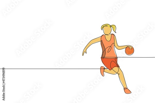 One single line drawing of young energetic basketball woman player dribbling ball vector illustration. Sports competition concept. Modern continuous line draw design for basketball tournament poster