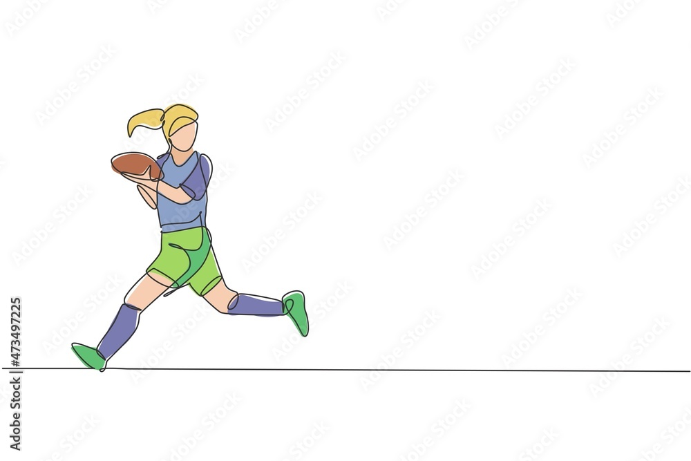One continuous line drawing young rugby player run and catch the ball. Competitive aggressive sport concept. Dynamic single line draw design vector graphic illustration for tournament promotion poster One continuous line drawing young rugby player run and catch the ball. Competitive aggressive sport concept. Dynamic single line draw design vector graphic illustration for tournament promotion poster
