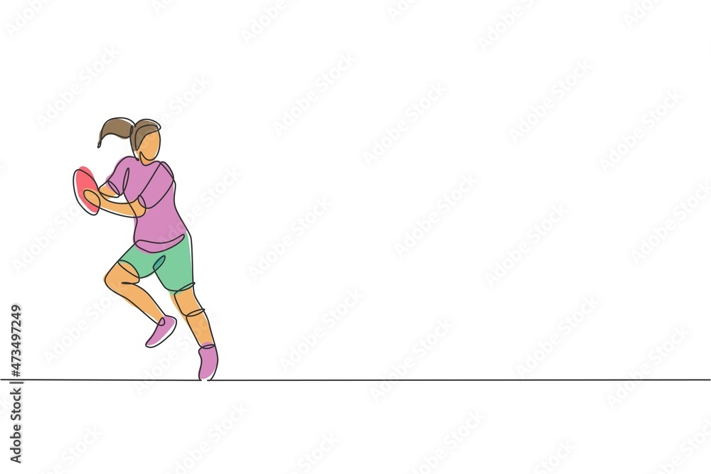 One single line drawing of young energetic rugby player holding the