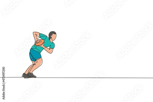 Single continuous line drawing young agile rugby player run defending the ball. Competitive sport concept. Trendy one line draw design graphic vector illustration for rugby tournament promotion media